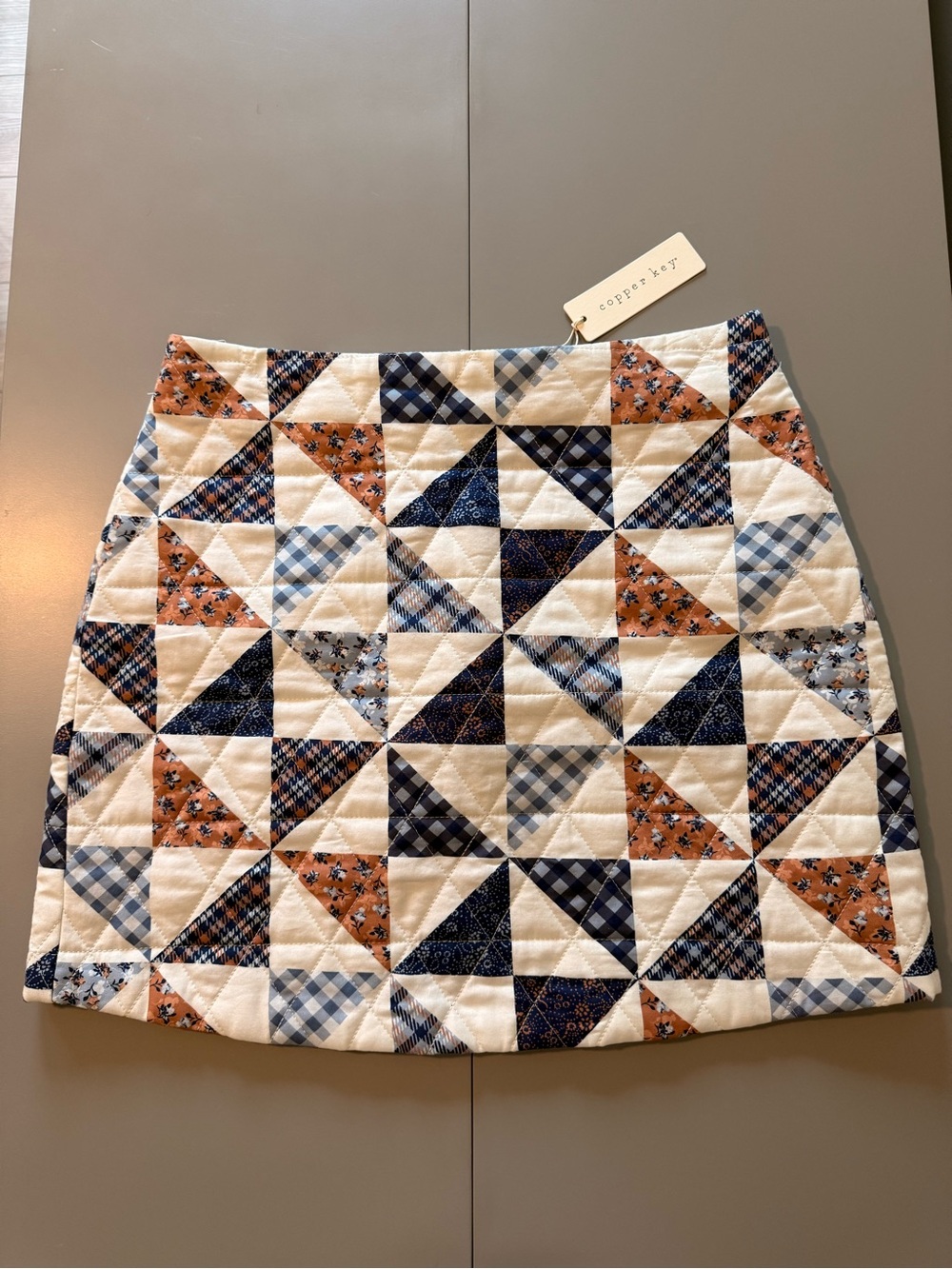 Copper Key Navy & Rust Patchwork Quilted Mini Skirt